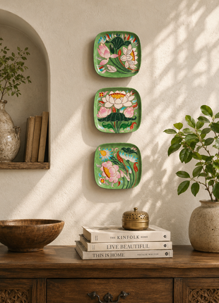 Series of 3 Hand Painted Lotus Story Wall Plates, Wall Hanging Plates