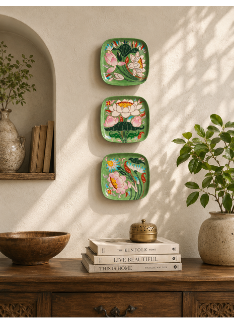Series of 3 Hand Painted Lotus Story Wall Plates, Wall Hanging Plates
