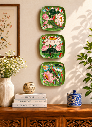Series of 3 Hand Painted Lotus Story Wall Plates, Wall Hanging Plates