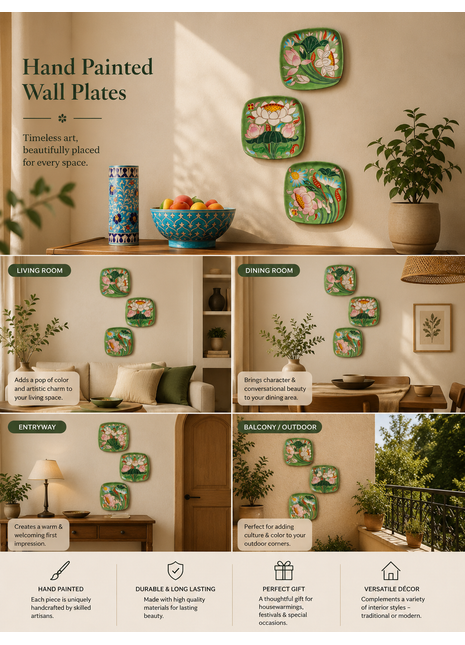 Series of 3 Hand Painted Lotus Story Wall Plates, Wall Hanging Plates