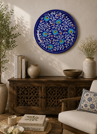 Turquoise Flowers and Green Leaves on Blue Base Plate 12