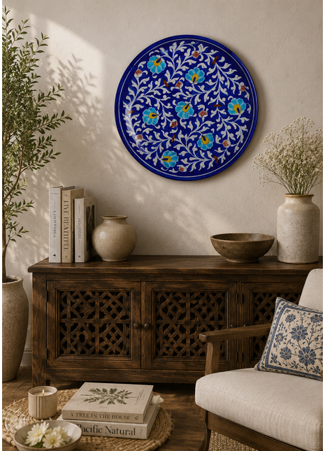 Turquoise Flowers and Green Leaves on Blue Base Plate 12