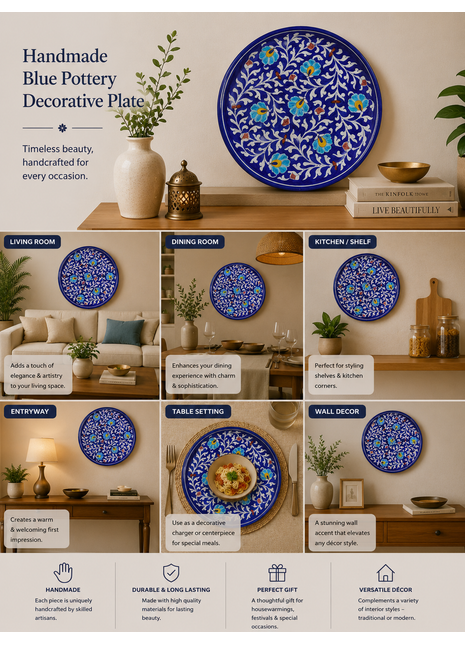 Turquoise Flowers and Green Leaves on Blue Base Plate 12
