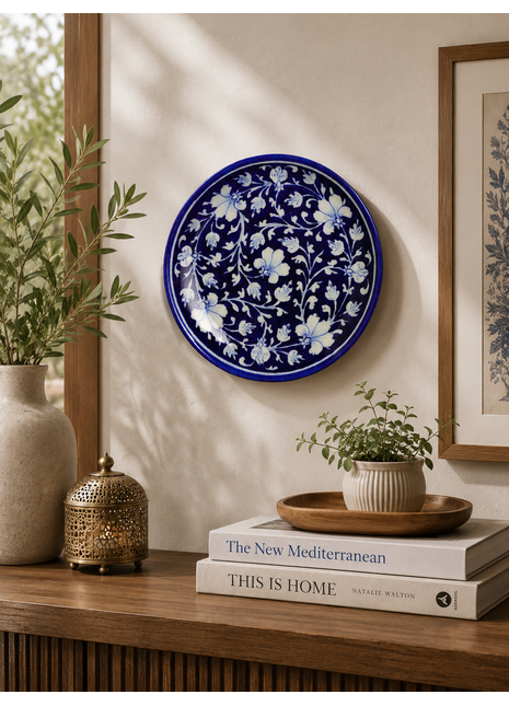 Blue Base with White Flowers and leaves Plate 10 inch