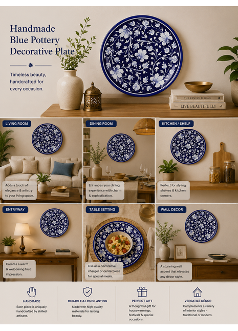 Blue Base with White Flowers and leaves Plate 10 inch