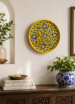 Yellwo Base with Blue Flowers Plate 10 inch