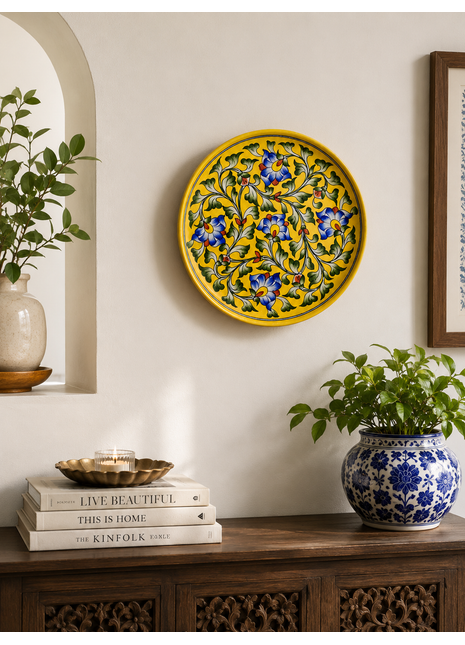Yellwo Base with Blue Flowers Plate 10 inch