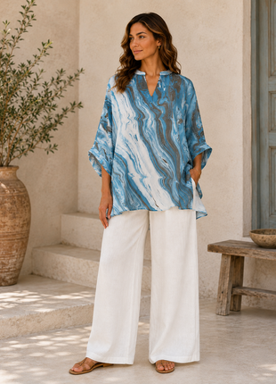 Nami- Suminagashi handprinted top (Ocean Blue)