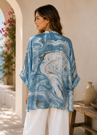 Nami- Suminagashi handprinted top (Ocean Blue)