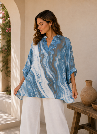Nami- Suminagashi handprinted top (Ocean Blue)