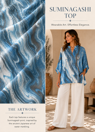 Nami- Suminagashi handprinted top (Ocean Blue)