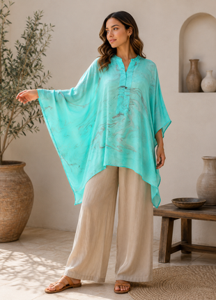 Kaia- Suminagashi handprinted top (Mint Aqua)