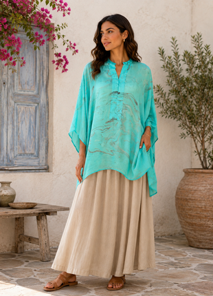 Kaia- Suminagashi handprinted top (Mint Aqua)