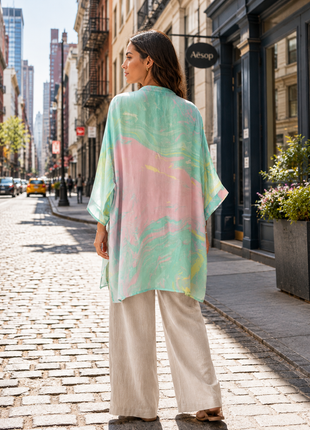 Sora - Suminagashi handprinted top (Aqua Pink)