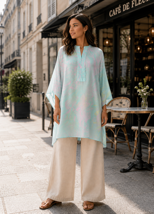 Sora - Suminagashi handprinted top (Aqua Pink)