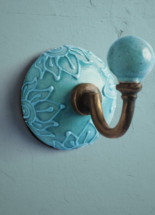 Decorative Teal Embossed Ceramic Round Coat Hook