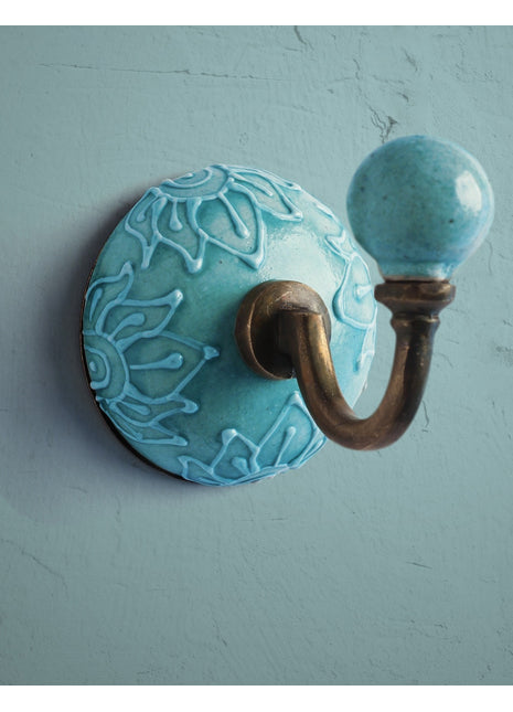 Decorative Teal Embossed Ceramic Round Coat Hook