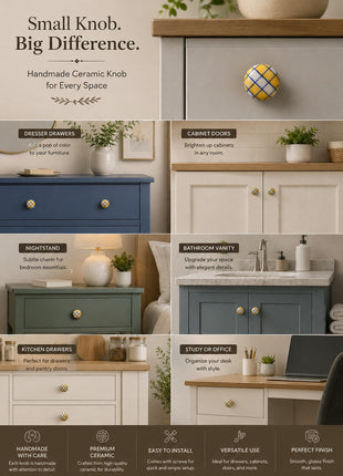 Yellow and White Checkerboard Blue Pottery Cabinet Knob