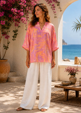 Aurelia- Suminagashi handprinted top (Pink Peach)