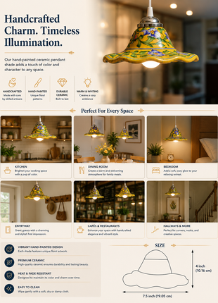 Handcrafted ceramic pendant light with features and usage examples.