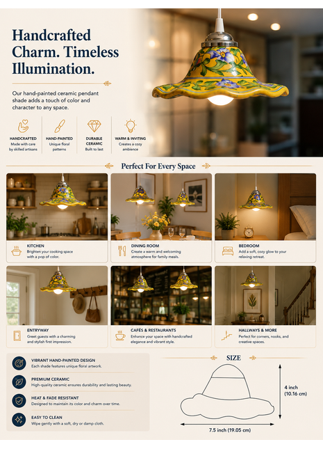Handcrafted ceramic pendant light with features and usage examples.
