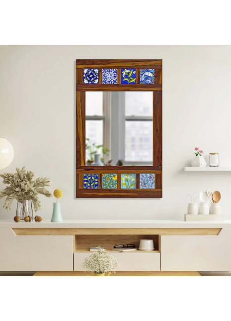 Decorative Mirror with Boho Side Stripes Adorned with Assorted Blue Pottery Tiles