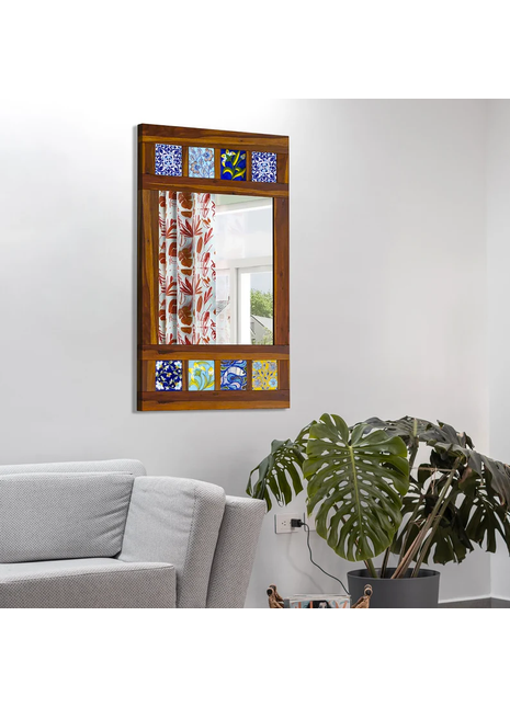 Decorative Mirror with Boho Side Stripes Adorned with Assorted Blue Pottery Tiles