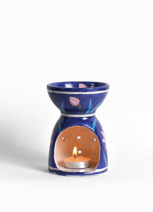 Blue Pottery Handmade Aroma Oil Burner in Blue Base with Pink lotus Flower