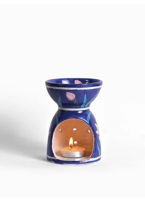 Blue Pottery Handmade Aroma Oil Burner in Blue Base with Pink lotus Flower