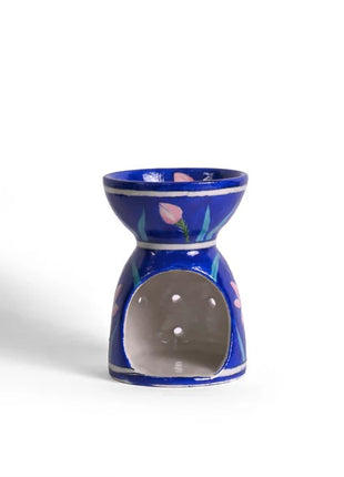 Blue Pottery Handmade Aroma Oil Burner in Blue Base with Pink lotus Flower