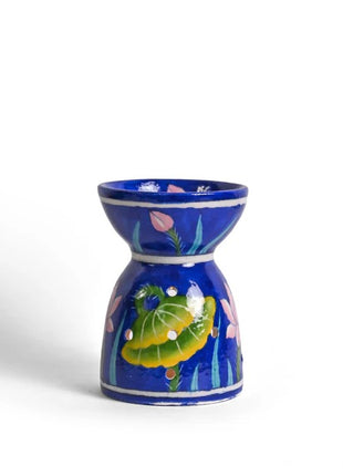 Blue Pottery Handmade Aroma Oil Burner in Blue Base with Pink lotus Flower