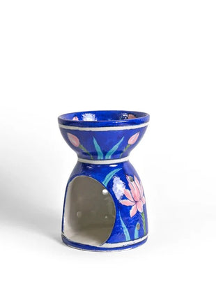 Blue Pottery Handmade Aroma Oil Burner in Blue Base with Pink lotus Flower