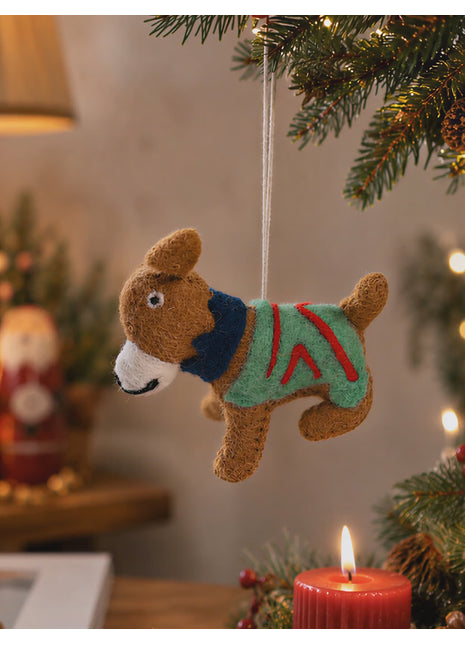 Handmade Wool Felt Terrier Dog Christmas Ornament – Cute Brown Puppy in Green Holiday Sweater Decor