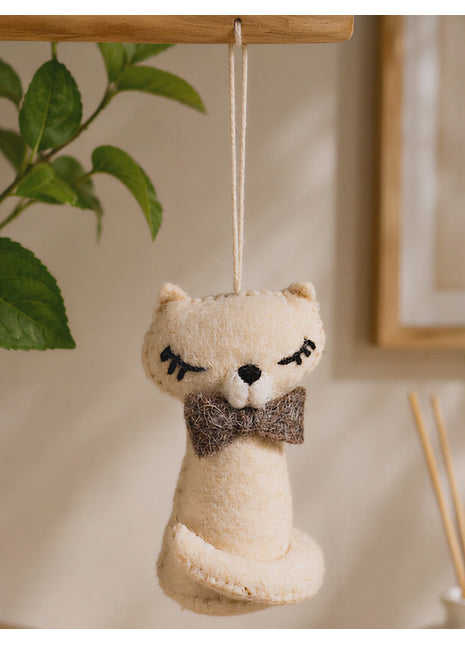 Handmade Wool Felt Cat Hanging Ornament – Cute Cream Kitten with Bow Tie for Nursery