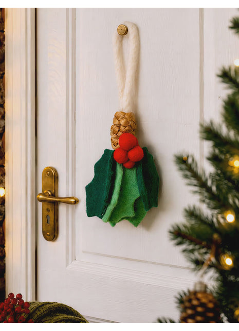 Handmade Wool Felt Holly Berries Christmas Door Hanger – Festive Holiday Wall Hanging & Tree Ornament Decor