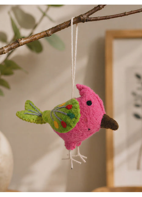 Handmade Wool Felt Pink Exotic Bird Hanging Ornament – Colorful Embroidered Tropical Songbird Nursery