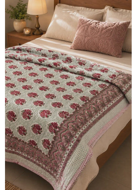 Handmade Floral Block Print Cotton Quilt – Reversible Lightweight Bedspread for All Seasons