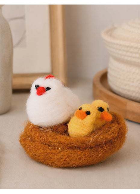 Handmade Wool Felt Hen and Chicks in Nest Figurine – Cute Spring Easter Bird Family Nursery & Shelf Decor