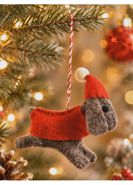 Handmade Wool Felt Dog Christmas Ornament – Cute Heather Grey Puppy in Red Santa Hat & Sweater Holiday Decor
