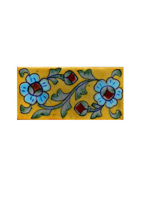 Turquoise,Blue and Red Flowers and Lime Green leaf with Yellow Base Tile