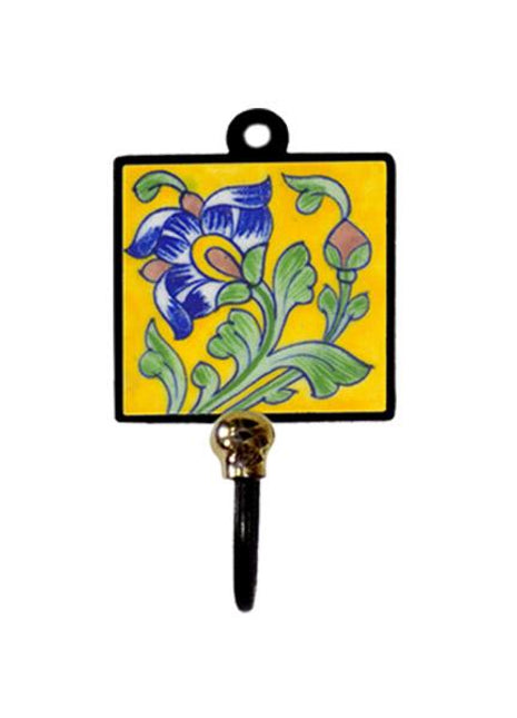 Blue Pottery Square Iron Wall Hook - Yellow, Green, Blue and Pink with Flowers
