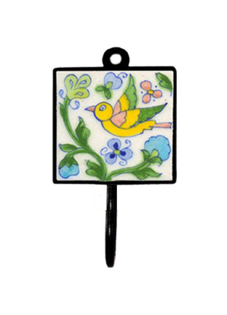 Blue Pottery Square Iron Wall Hook - Pink, Blue, Yellow, Green and Turquoise Bird with Flowers