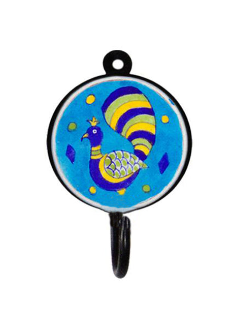 Blue Pottery Round Iron Wall Hook - Turquoise, Blue, Yellow and Green Peacock