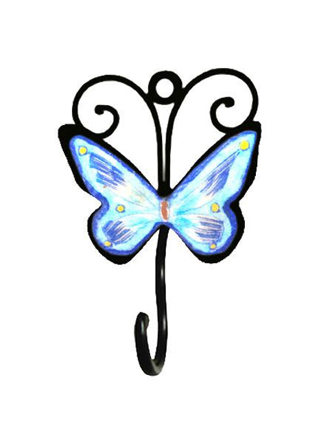 Blue Pottery Iron Wall Hook - Blue, Turquoise and Yellow Butterfly