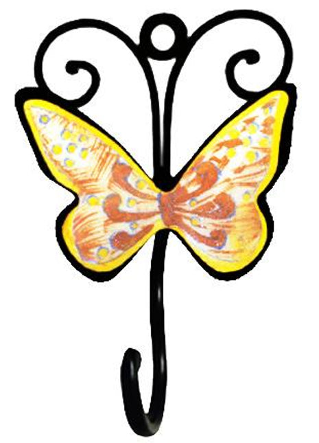 Blue Pottery Iron Wall Hook - Yellow and Pink Butterfly