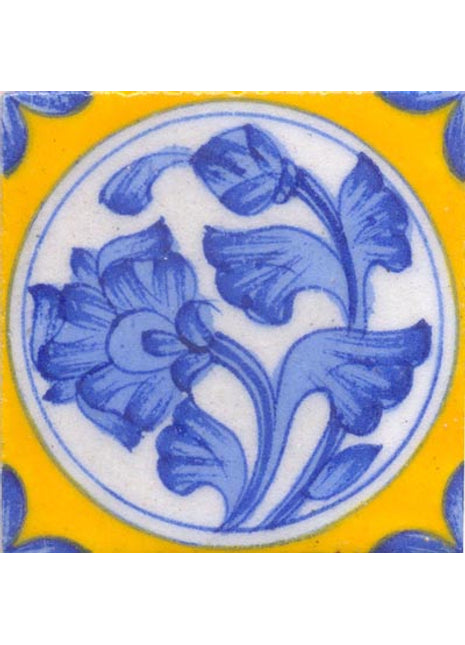 Blue flower in a circle on yellow tile (3x3-BPT29)