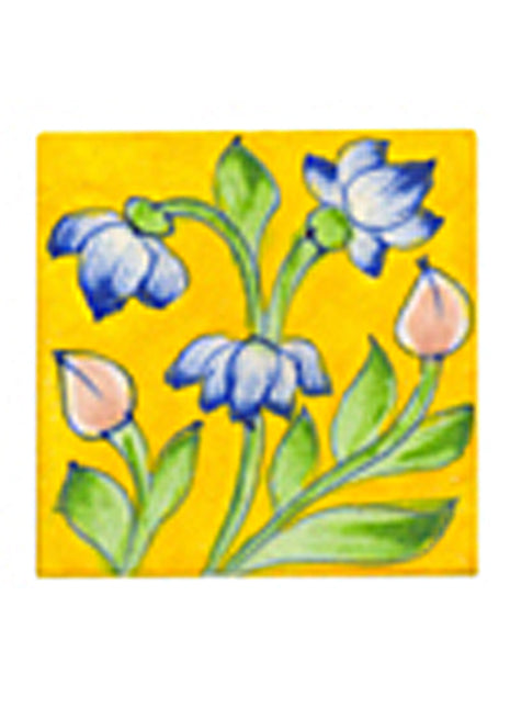 Blue and pink flowers on yellow tile (3x3-bpt15)