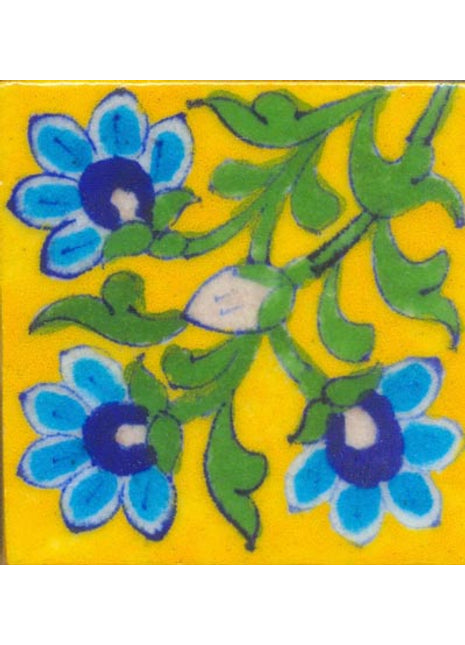 Blue and turquoise flower with green leaves on yellow tile (3x3-BPT19)