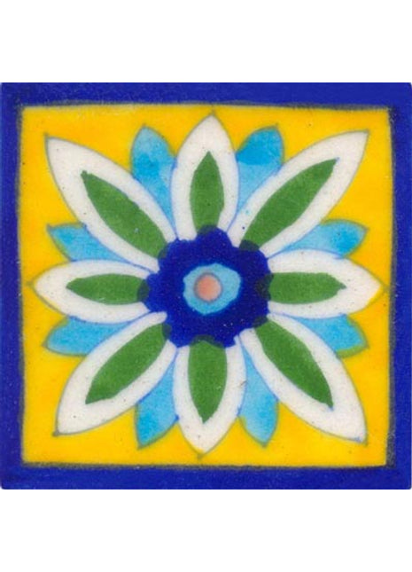 blue, green and turquoise flower on yellow tile 3x3