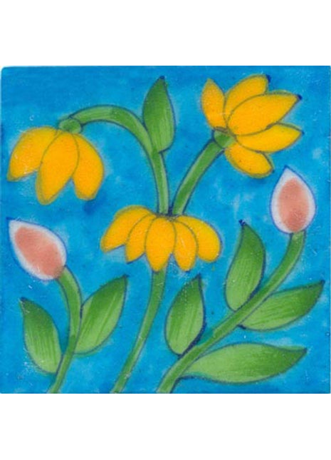 nice yellow flower with green leaves on turquoise tile 3x3